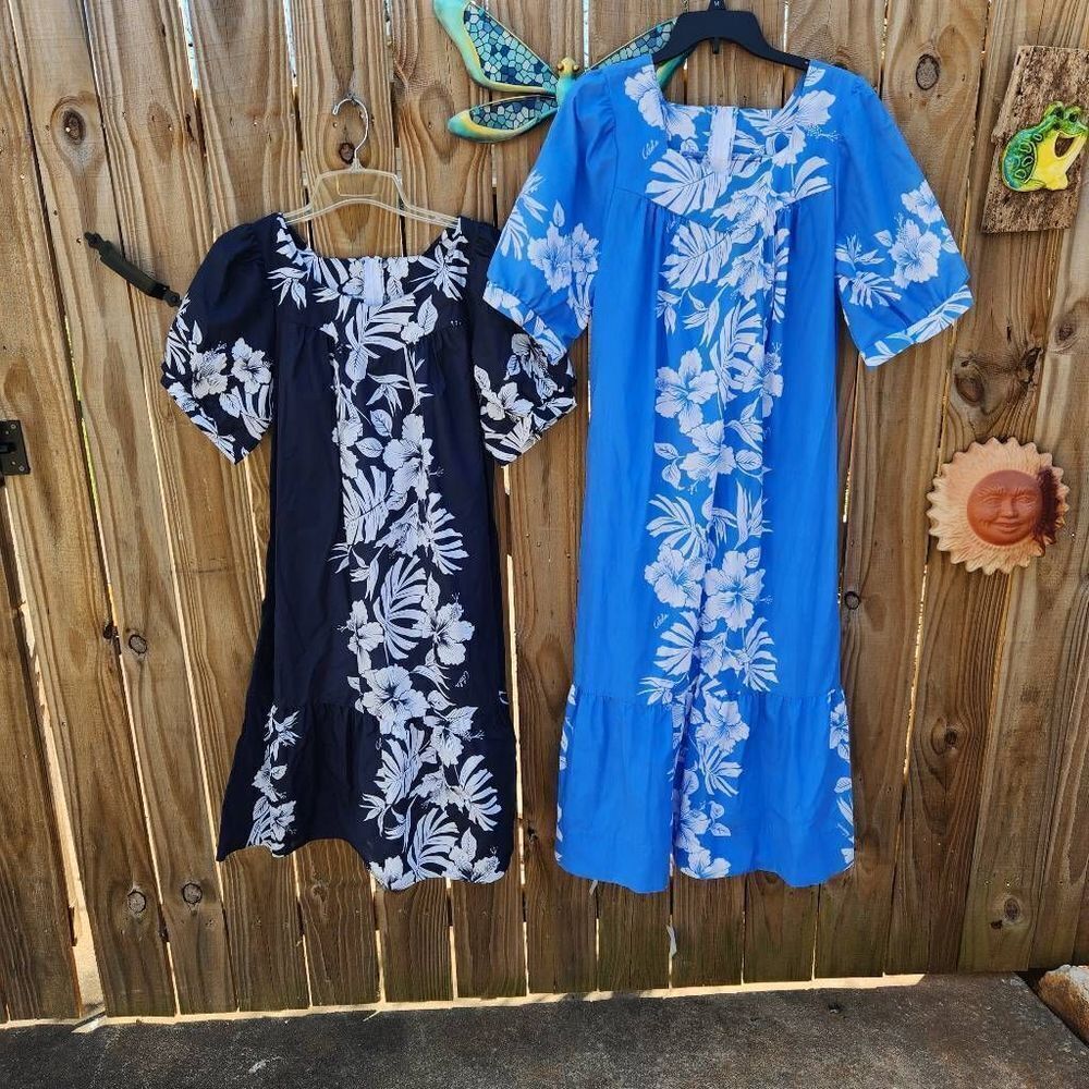 Vintage Royal Creations Hawaiian Aloha Dress Large Blue Floral Hibiscus Muumuu Z